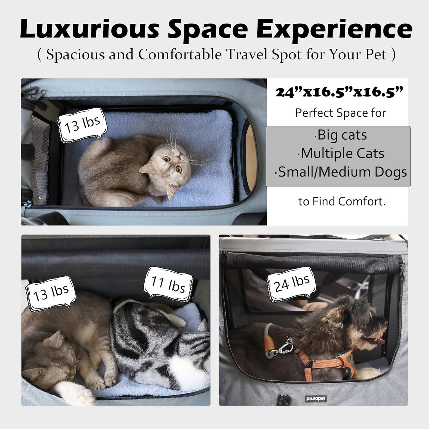 Large Cat Carrier 24"X16.5"X16.5" Soft-Sided Portable Pet Crate for Car Traveling with Collapsible Litter Box and Bowl